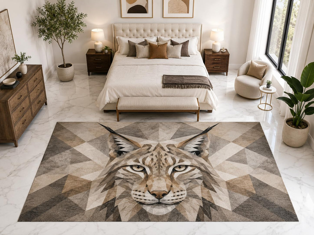 ICE ARMOR "Ultra Light Weight Large 6'7" x 9'10" Geometric Lynx Face Rug, Soft Low Pile Indoor Rug, Non-Slip Silicone Backing for Bedroom Beige Gray