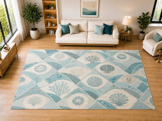 ICE ARMOR "Ultra Light Weight Large 6'7" x 9'10" Coastal Shell Geometric Area Rug for Living Room, Bedroom, Dining Room, Soft Low Pile Non-Slip Backing, Aqua Ivory
