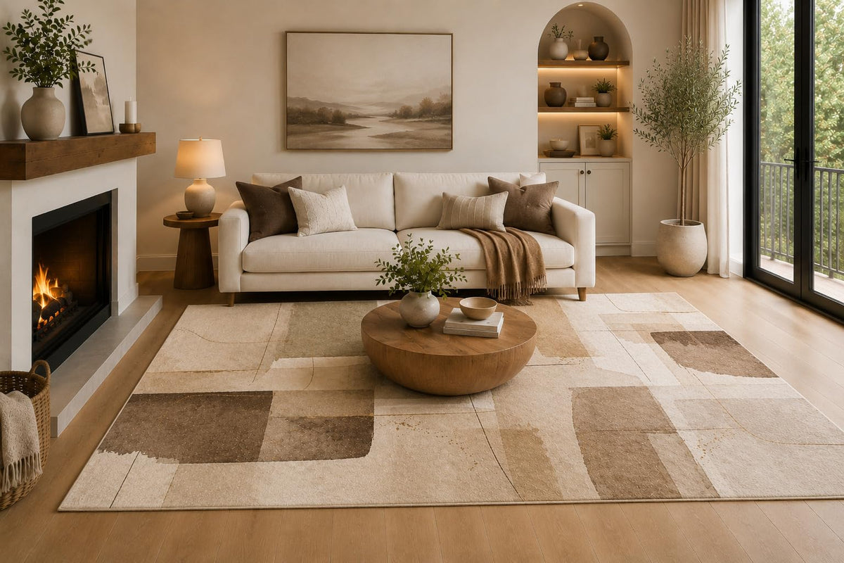 ICE ARMOR 6'7" x 9'10" Beige, Taupe and Brown Neutral Geometric Blocks Area Rug for Living Room, Soft Low Pile with Non-Slip Backing, Bedroom, Dining Area and Office Decor