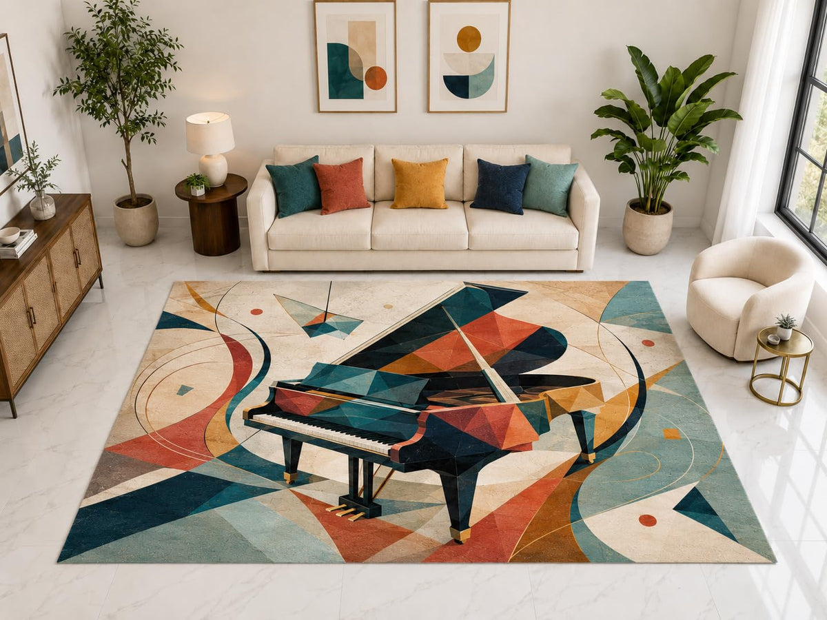 ICE ARMOR "Ultra Light Weight Large 6'7" x 9'10" Geometric Grand Piano Rug, Soft Low Pile Indoor Rug, Non-Slip Silicone Backing for Living Room Teal