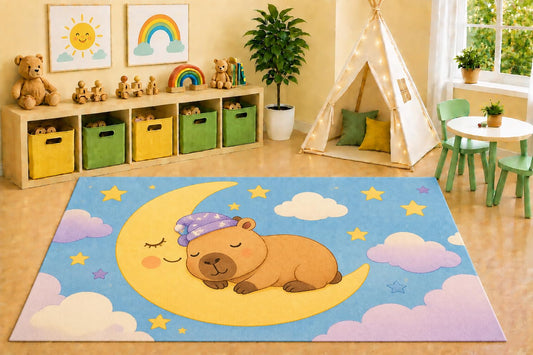 ICE ARMOR 5' x 7' Sleeping Capybara Moon Area Rug, Dreamy Celestial Moon Stars Clouds Nursery Kids Bedroom Playroom Decor, Non-Slip Silicone Backing Low Pile