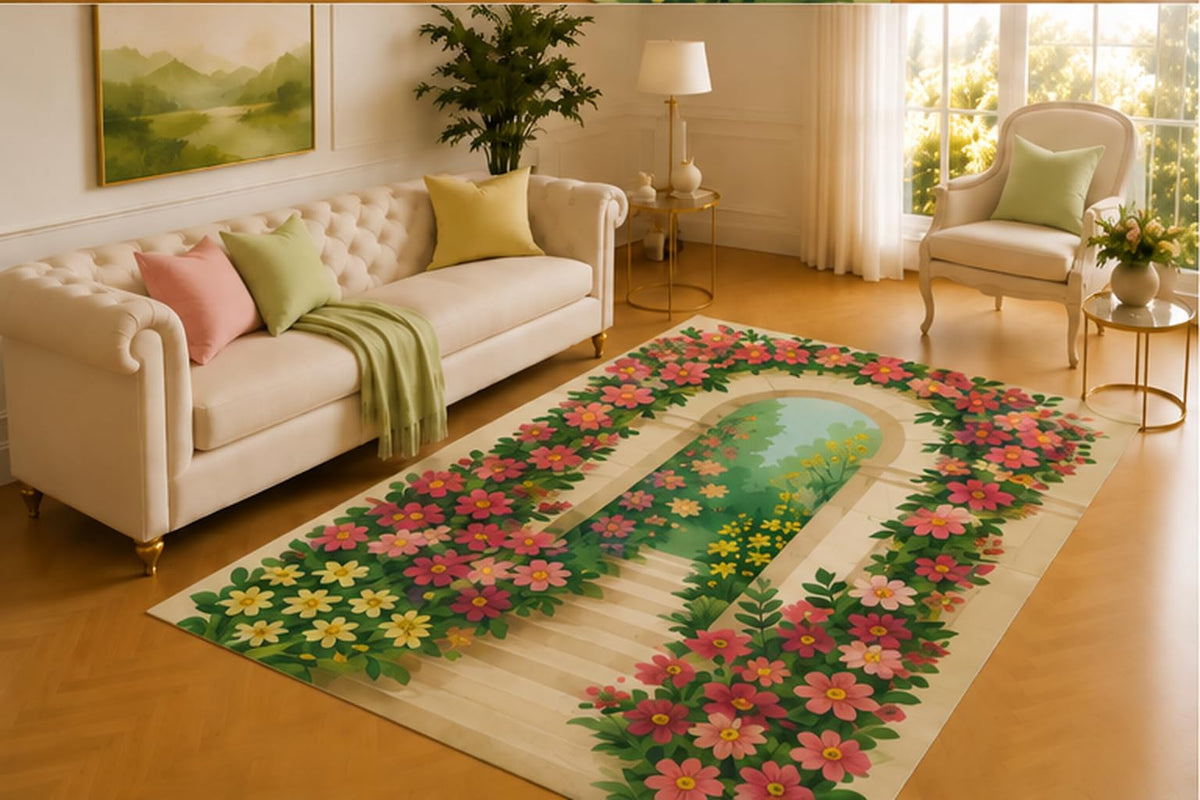 ICE ARMOR 5' x 7' Floral Archway Rug, Stone Garden Entrance Framed by Pink and Yellow Blossoms, Inviting Floor Decor for Bedroom, Hallway or Bright Sunroom
