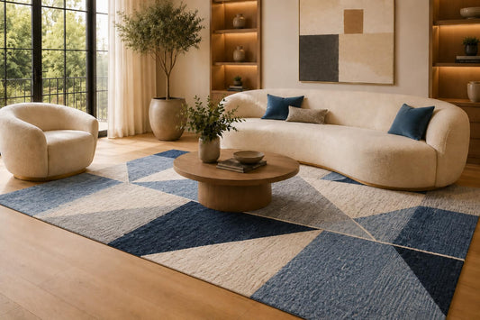 ICE ARMOR 6'7" x 9'10" Blue and Cream Angular Geometric Panels Area Rug for Living Room, Soft Low Pile Carpet with Non-Slip Silicone Backing, Floor Decor for Bedroom, Dining Area and Home Office