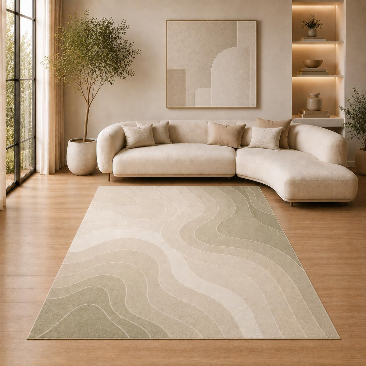 ICE ARMOR 5' x 7' Modern Flowing Wave Area Rug for Living Room, Soft Low Pile Indoor Rug with Non-Slip Silicone Backing, Decorative Carpet for Bedroom, Office, Family Room, Sage Green