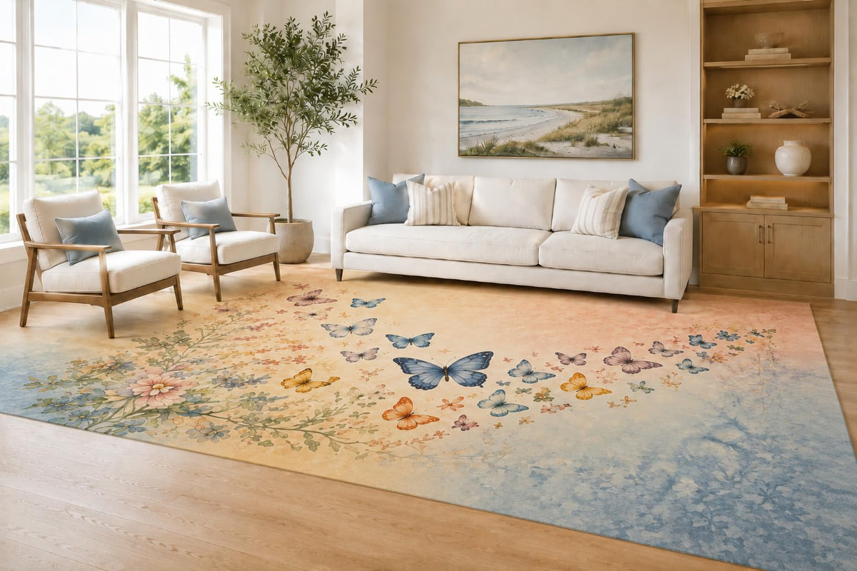 ICE ARMOR Large 6'7" x 9'10" Peach and Blue Butterfly Bloom Area Rug for Living Room, Soft Low Pile Carpet with Non-Slip Silicone Backing, Decor for Bedroom and Home Office