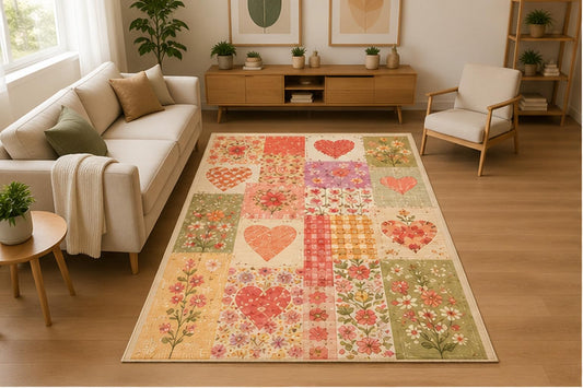 ICE ARMOR 5' x 7' Patchwork Floral Hearts Area Rug for Living Room, Soft Low Pile Indoor Rug with Non-Slip Silicone Backing, Decorative Carpet for Bedroom, Family Room, Nursery, Cream Multicolor