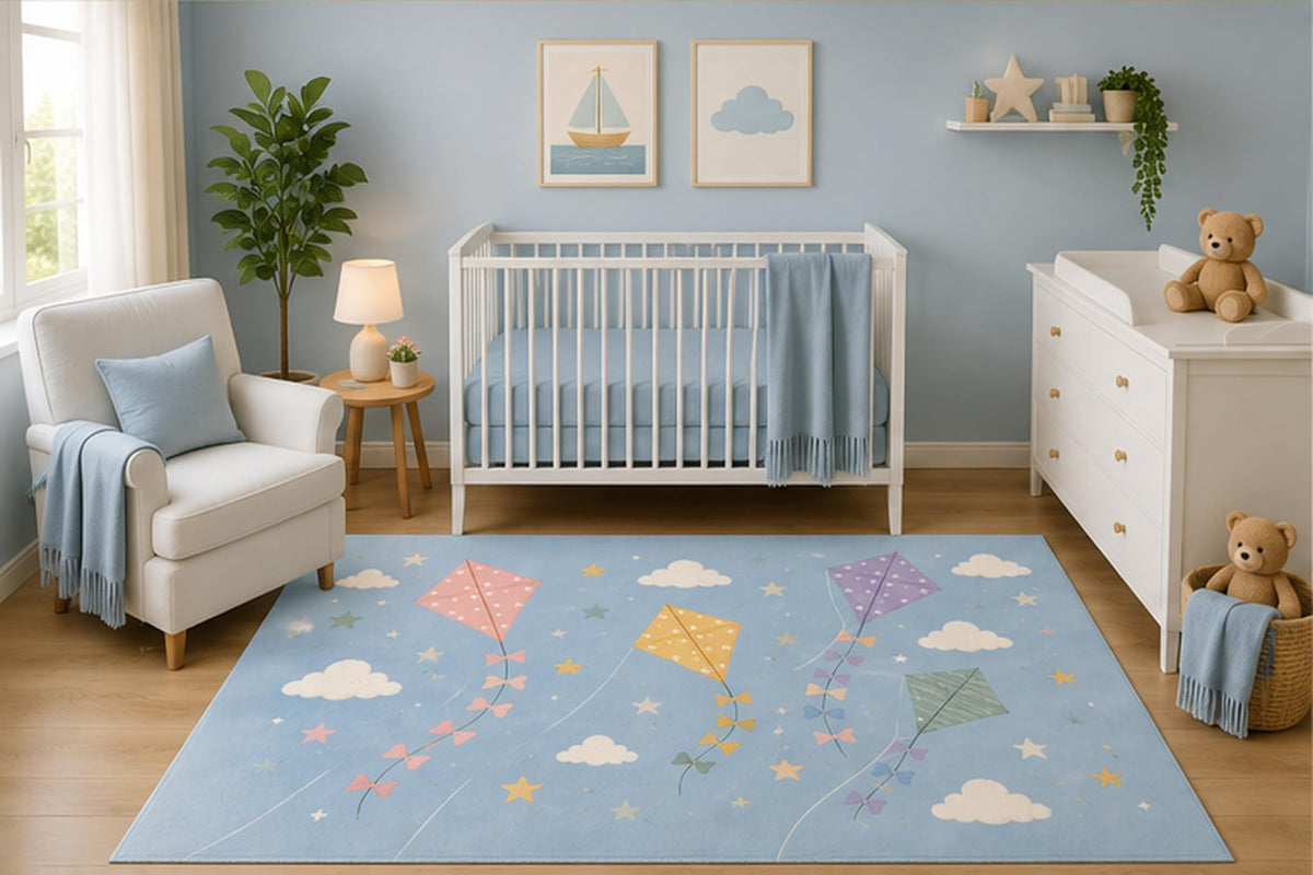 ICE ARMOR 5' x 7' Pastel Kite Sky Area Rug for Nursery Room, Minimalist Clouds and Stars Design, Cute Baby Boy Bedroom Playroom Decor, Non-Slip Silicone Backing Low Pile