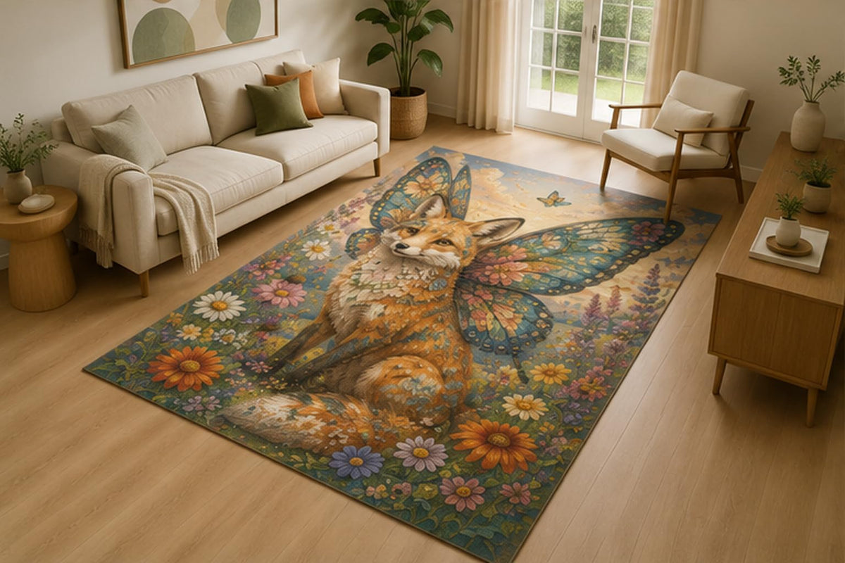 ICE ARMOR 5' x 7' Butterfly Wing Fox Floral Area Rug for Living Room, Soft Low Pile Indoor Rug with Non-Slip Silicone Backing, Fantasy Woodland Decor for Bedroom, Nursery, Kids Room, Kids & Pets