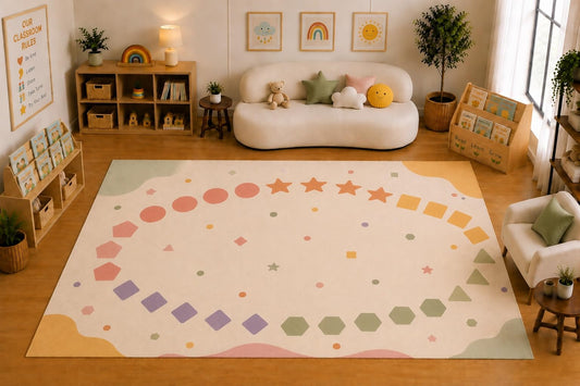 ICE ARMOR Large 6'7" x 9'10" Geometric Shape Activity Area Rug for for Kids Room, Classroom, Bedroom, Playroom Decor, Soft Low Pile Indoor Rug with Non-Slip Silicone Backing, Pastel Multicolor
