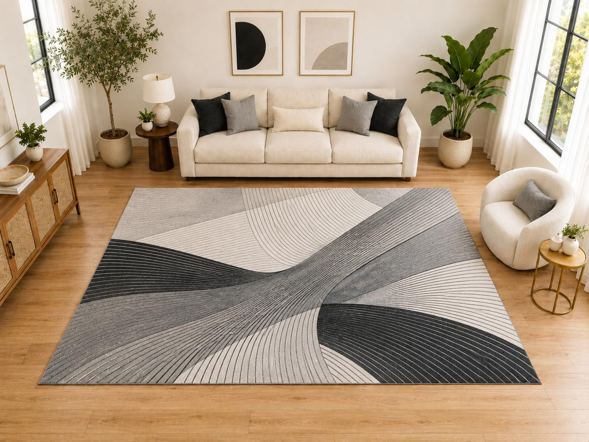 ICE ARMOR "Ultra Light Weight Large 6'7" x 9'10" Modern Linear Wave Area Rug, Soft Low Pile Indoor Rug and Non-Slip Silicone Backing for Living Room Office, Gray