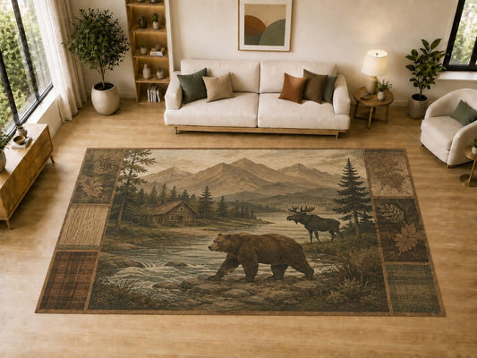 ICE ARMOR "Ultra Light Weight Large 6'7" x 9'10" Bear Moose, Living Room, Bedroom, Dining Room, Office, Family Room, Soft Low Pile Indoor Rug, Non-Slip Silicone Backing, Brown
