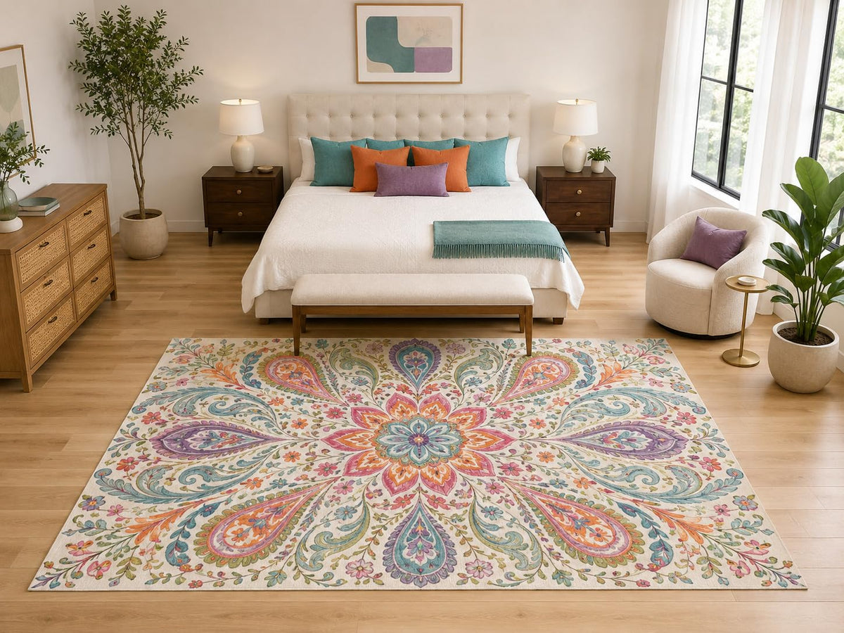 ICE ARMOR "Ultra Light Weight Large 6'7" x 9'10" Pastel Paisley Floral Rug, Soft Low Pile Indoor Rug, Non-Slip Silicone Backing for Bedroom Beige