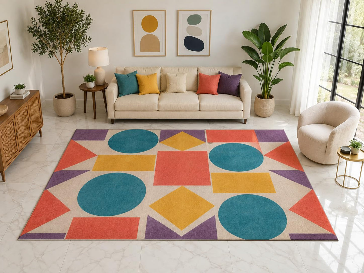 ICE ARMOR "Ultra Light Weight Large 6'7" x 9'10" Geometric Shapes Area Rug Carpet Soft Low Pile Indoor Rug and Non-Slip Silicone Backing Teal