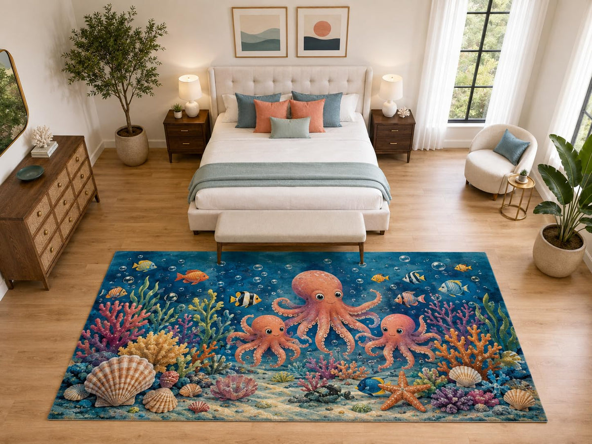 ICE ARMOR "Ultra Light Weight Large 6'7" x 9'10" Cute Octopus Family Rug Nursery, Soft Low Pile Indoor Rug and Non-Slip Silicone Backing, Deep Blue