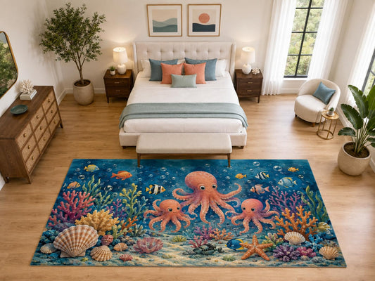 ICE ARMOR "Ultra Light Weight Large 6'7" x 9'10" Cute Octopus Family Rug Nursery, Soft Low Pile Indoor Rug and Non-Slip Silicone Backing, Deep Blue