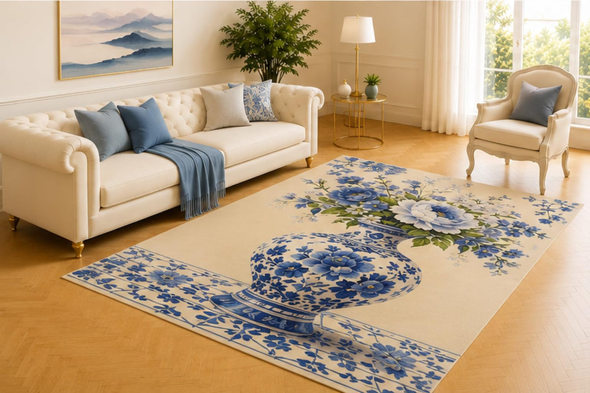ICE ARMOR 5' x 7' Blue Porcelain Floral Rug, Cobalt Roses and White Blooms in an Ornate Ceramic Vase, Classic Accent for Living Room, Bedroom, Dining Room or Foyer