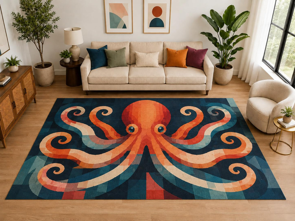 ICE ARMOR "Ultra Light Weight Large 6'7" x 9'10" Abstract Octopus Rug, Soft Low Pile Indoor Rug, Non-Slip Silicone Backing for Family Room Navy