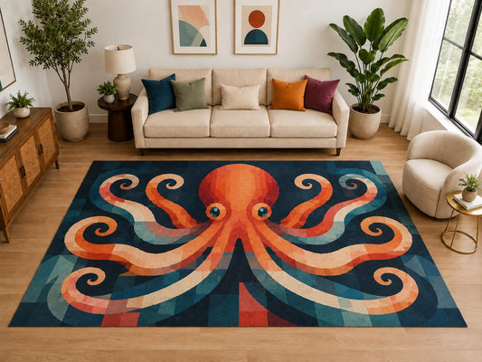 ICE ARMOR "Ultra Light Weight Large 6'7" x 9'10" Abstract Octopus Rug, Soft Low Pile Indoor Rug, Non-Slip Silicone Backing for Family Room Navy