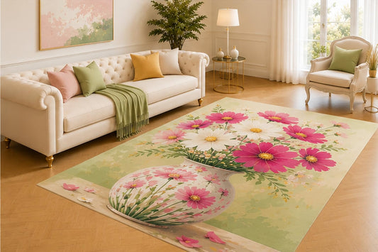 ICE ARMOR 5' x 7' Cosmos Vase Rug, Pink and White Flowers in a Painted Cream Pot, Light Botanical Accent for Bedroom, Nursery, Living Room or Reading Nook