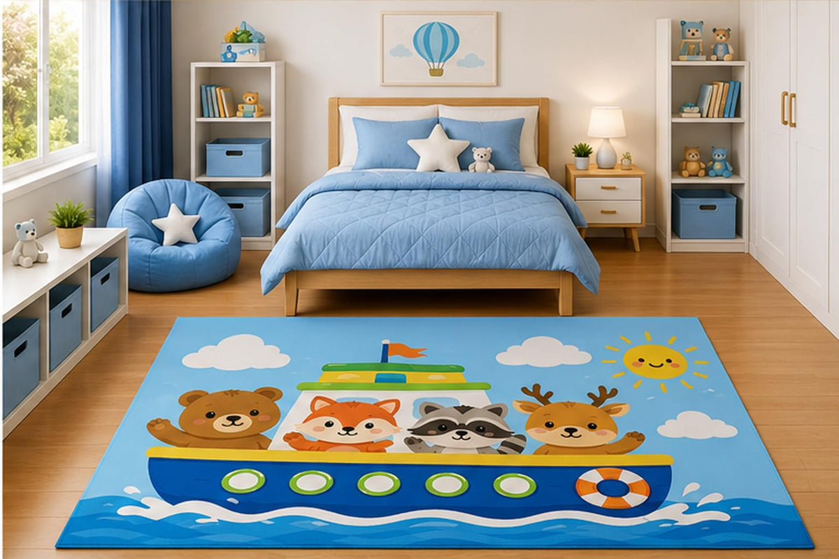 ICE ARMOR 5' x 7' Woodland Animals Ferry Boat Area Rug for Kids Bedroom Nursery Playroom Scandinavian Minimalist Ocean Adventure Decor Non-Slip Silicone Backing Low Pile