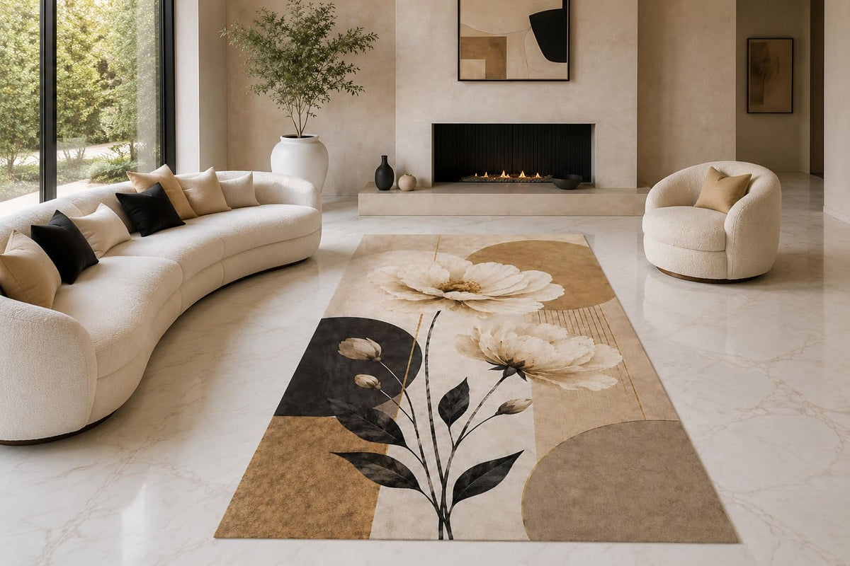 ICE ARMOR "Ultra Lightweight Large 6'7" x 9'10" Botanical Bloom Area Rug for Living Room, Bedroom and Home Office, Soft Low Pile Carpet with Non-Slip Silicone Backing, Beige and Black
