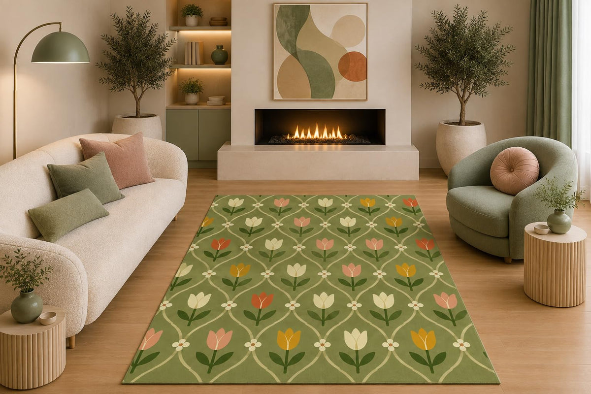 ICE ARMOR 5' x 7' Retro Tulip Floral Area Rug Mid Century Botanical Pattern Olive Green Pink Orange Cream for Living Room Bedroom Dining Room Non-Slip Silicone Backing Low Pile