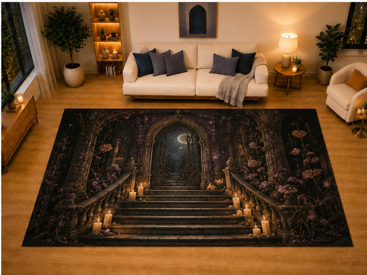 ICE ARMOR "Ultra Light Weight Large 6'7" x 9'10" Gothic Staircase Candle Crescent Moon Area Rug for Living Room Bedroom, Soft Low Pile Non-Slip Backing, Black Brown Haunted Castle Decor