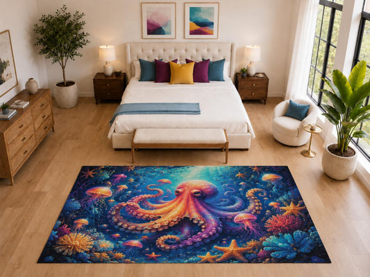 ICE ARMOR "Ultra Light Weight Large 6'7" x 9'10" Octopus Reef Rug for Kids Room, Soft Low Pile Indoor Rug and Non-Slip Silicone Backing, Deep Blue