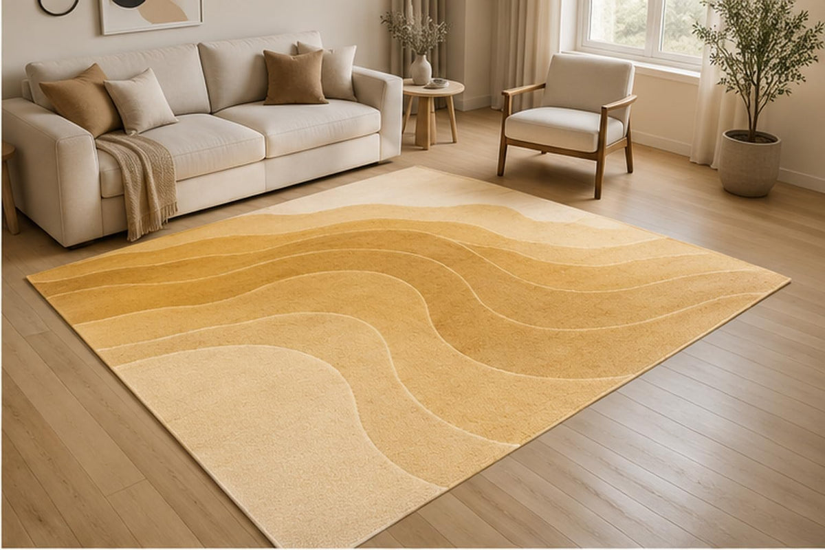 ICE ARMOR 5' x 7' Minimal Layered Wave Area Rug for Living Room, Soft Low Pile Indoor Rug with Non-Slip Silicone Backing, Contemporary Carpet for Bedroom, Office, Family Room, Mustard Beige