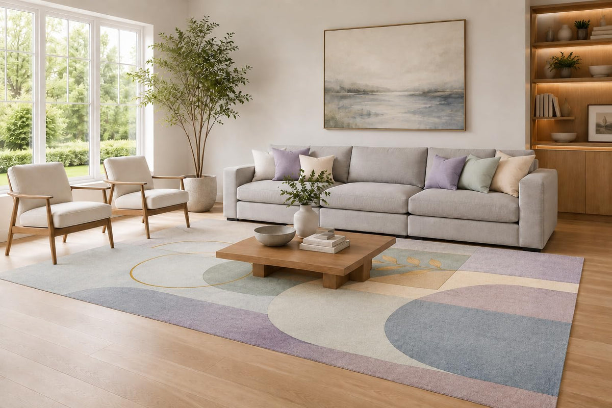 ICE ARMOR Large 6'7" x 9'10" Lavender and Blue Geometric Botanical Area Rug for Living Room, Soft Low Pile Carpet with Non-Slip Silicone Backing, Decor for Bedroom and Home Office