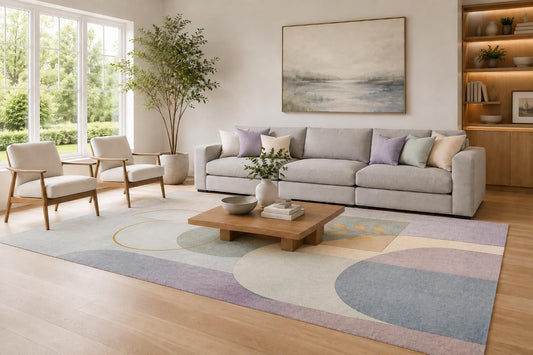 ICE ARMOR Large 6'7" x 9'10" Lavender and Blue Geometric Botanical Area Rug for Living Room, Soft Low Pile Carpet with Non-Slip Silicone Backing, Decor for Bedroom and Home Office