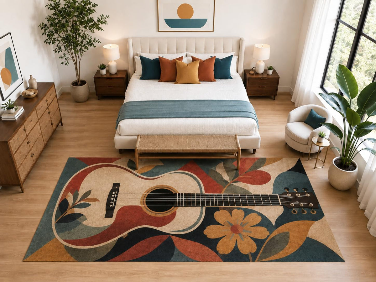 ICE ARMOR "Ultra Light Weight Large 6'7" x 9'10" Floral Acoustic Guitar Rug, Soft Low Pile Indoor Rug, Non-Slip Silicone Backing for Bedroom Teal