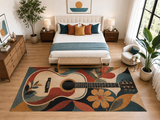 ICE ARMOR "Ultra Light Weight Large 6'7" x 9'10" Floral Acoustic Guitar Rug, Soft Low Pile Indoor Rug, Non-Slip Silicone Backing for Bedroom Teal