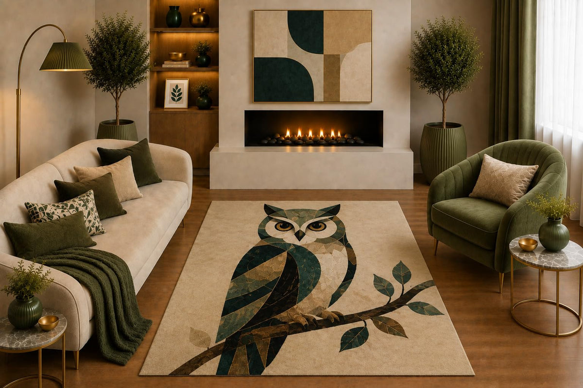 ICE ARMOR "Ultra Light Weight 5' x 7' Green Gold Owl Area Rug Geometric Boho Bird Wildlife Art for Living Room Bedroom Office Decor Non-Slip Silicone Backing Low Pile
