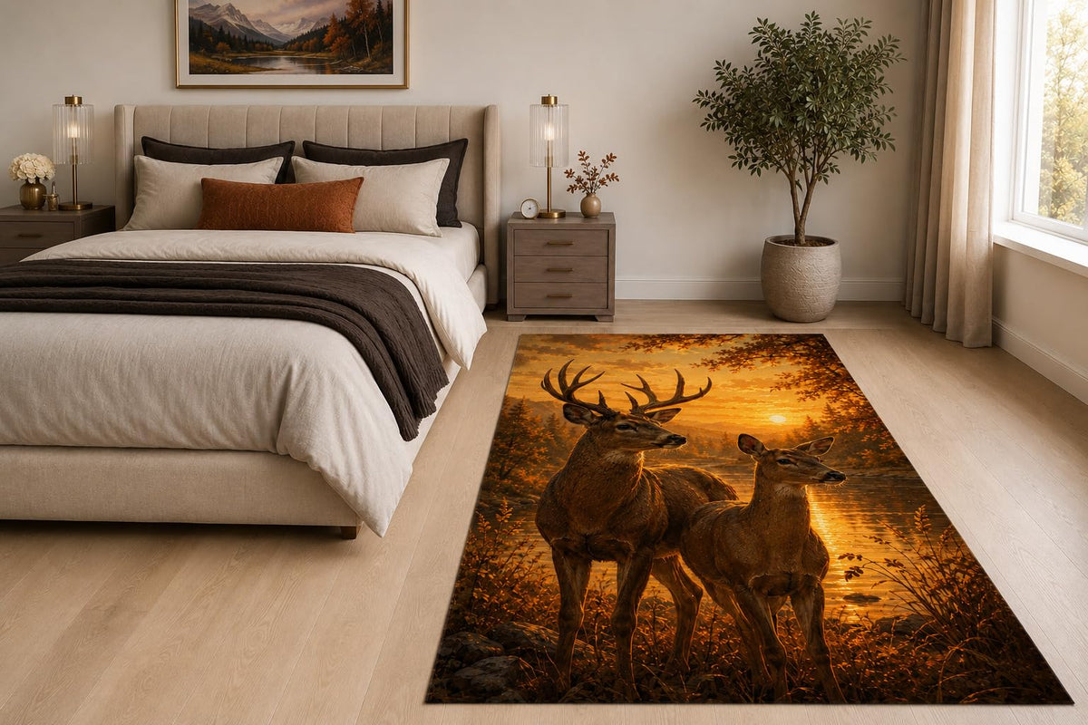 ICE ARMOR "Ultra Light Weight 5' x 7' Sunset Deer Pair Area Rug for Living Room, Bedroom and Home Office, Soft Low Pile Carpet with Non-Slip Silicone Backing, Orange and Brown