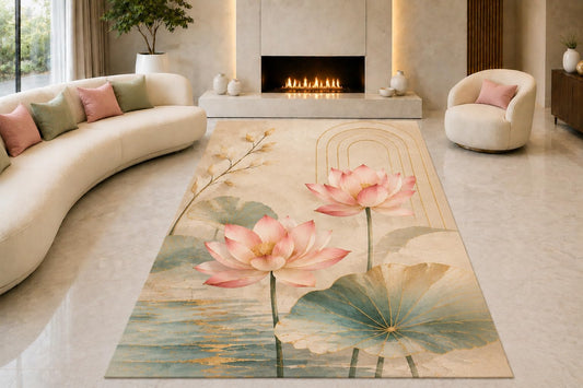 ICE ARMOR "Ultra Lightweight Large 6'7" x 9'10" Minimal Lotus Arches Area Rug for Living Room, Bedroom and Home Office, Soft Low Pile Carpet with Non-Slip Silicone Backing, Pink and Beige
