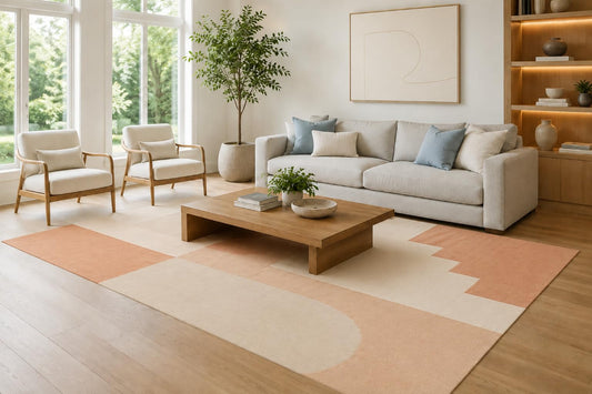 ICE ARMOR Large 6'7" x 9'10" Peach and Ivory Stepped Blocks Area Rug for Living Room, Soft Low Pile Carpet with Non-Slip Silicone Backing, Decor for Bedroom, Dining Area and Home Office