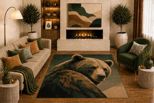 ICE ARMOR "Ultra Light Weight 5' x 7' Brown Bear Area Rug Modern Wildlife Portrait Art in Forest Green Tan for Living Room Bedroom Cabin Lodge Decor Non-Slip Silicone Backing Low Pile
