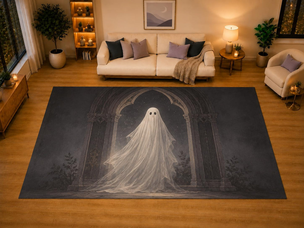 ICE ARMOR "Ultra Light Weight Large 6'7" x 9'10" White Ghost Gothic Arch Area Rug for Living Room Bedroom, Soft Low Pile Non-Slip Backing, Gray Black Halloween Haunted Decor