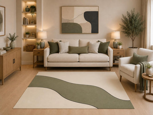 ICE ARMOR "Ultra Light Weight 5' x 7' Modern Abstract Wave Area Rug Sage Green Cream Minimalist Curved Design for Living Room Bedroom Dining Room Non-Slip Silicone Backing Low Pile