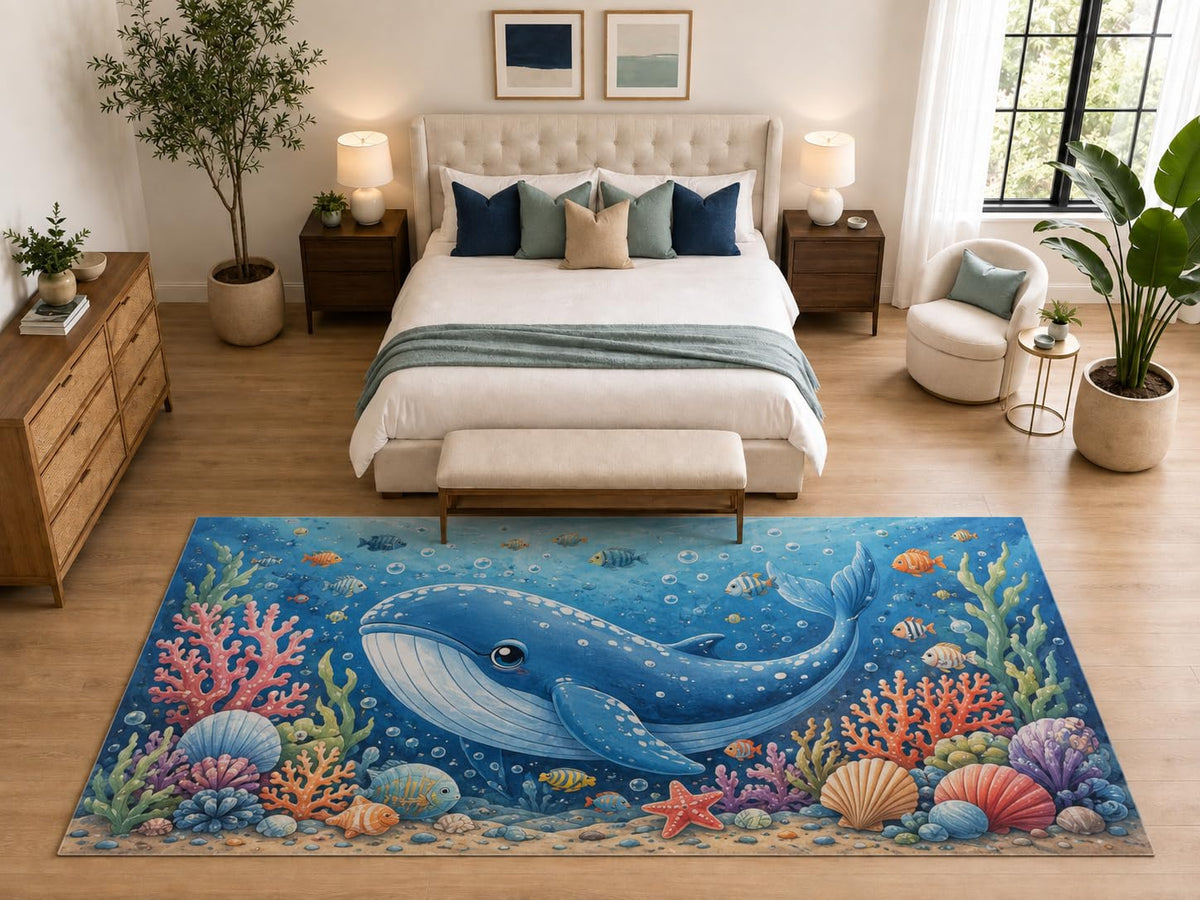 ICE ARMOR "Ultra Light Weight Large 6'7" x 9'10" Cute Whale Coral Reef Rug for Kids Room, Soft Low Pile Indoor Rug and Non-Slip Silicone Backing, Blue