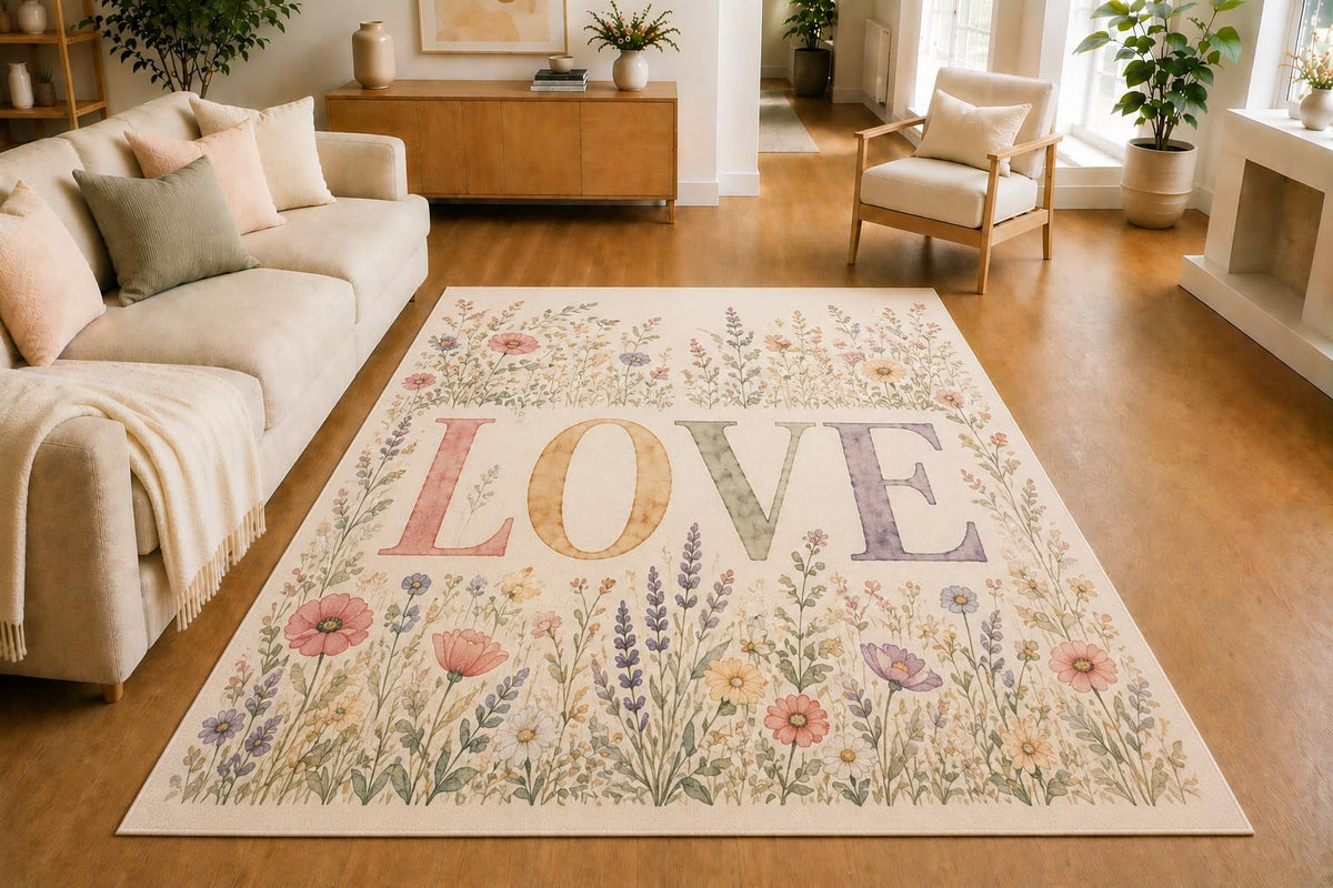 ICE ARMOR 5' x 7' Wildflower Meadow Love Area Rug, Soft Low Pile Indoor Rug with Non-Slip Silicone Backing for Living Room, Bedroom, Nursery, Kids Room, Kids & Pets, Cream Pink Lavender