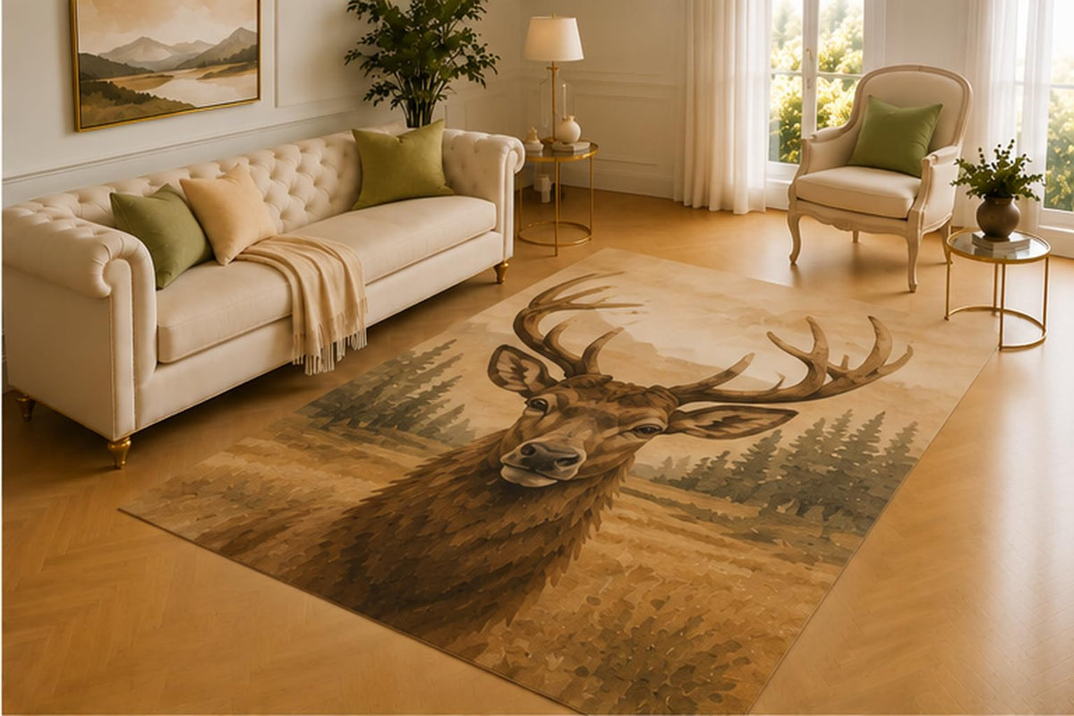 ICE ARMOR 5' x 7' Elk Rug, Majestic Antlered Wildlife Artwork with Mountain Scenery, Smooth Printed Floor Cover for Living Room, Bedroom, Cabin and Lodge Decor