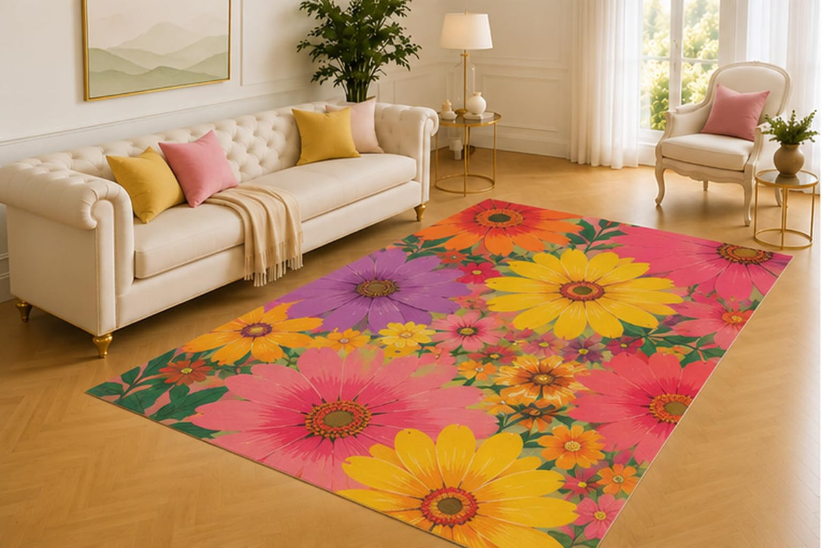 ICE ARMOR 5' x 7' Bright Daisy Rug, Oversized Pink, Yellow, Orange and Purple Flowers with Green Leaves, Vibrant Accent for Bedroom, Playroom, Studio or Nursery