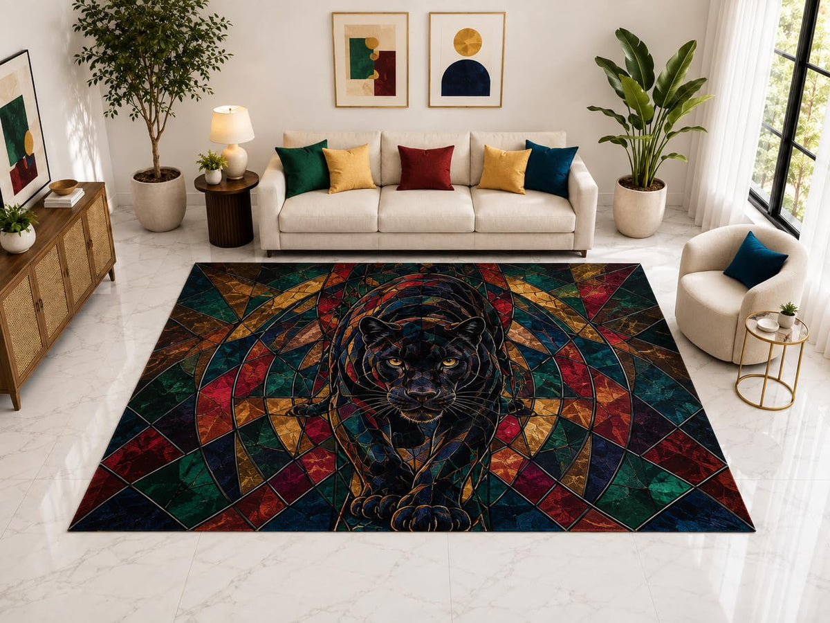 ICE ARMOR "Ultra Light Weight Large 6'7" x 9'10" Black Panther Glass Rug, Soft Low Pile Indoor Rug, Non-Slip Silicone Backing for Office, Multicolor