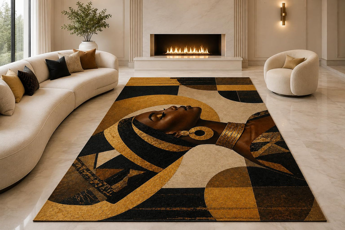 ICE ARMOR "Ultra Lightweight Large 6'7" x 9'10" African Queen Geometry Area Rug for Living Room, Bedroom and Home Office, Soft Low Pile Carpet with Non-Slip Silicone Backing, Black and Tan