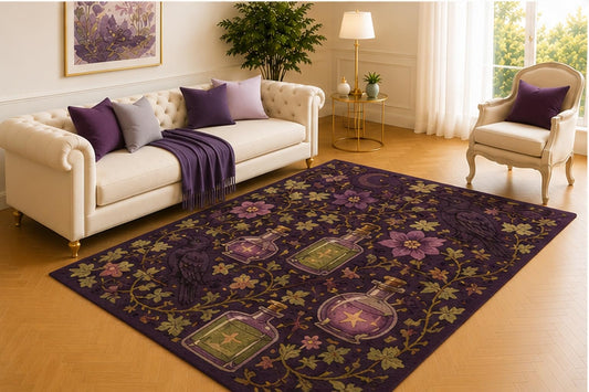 ICE ARMOR 5' x 7' Witch Potion Raven Rug, Deep Purple Floral Vines with Moon Symbols and Magic Bottles, Mystical Floor Decor for Bedroom, Study or Lounge