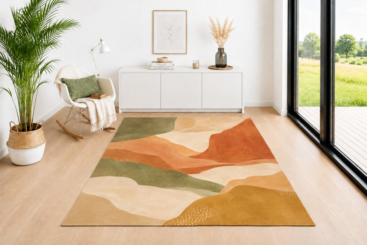 ICE ARMOR 5' x 7' Canyon Vista Area Rug, Modern Earth Tone Pattern in Olive Green Rust Beige Mustard and Cream, Soft Low Pile Carpet for Living Room Bedroom Office Decor