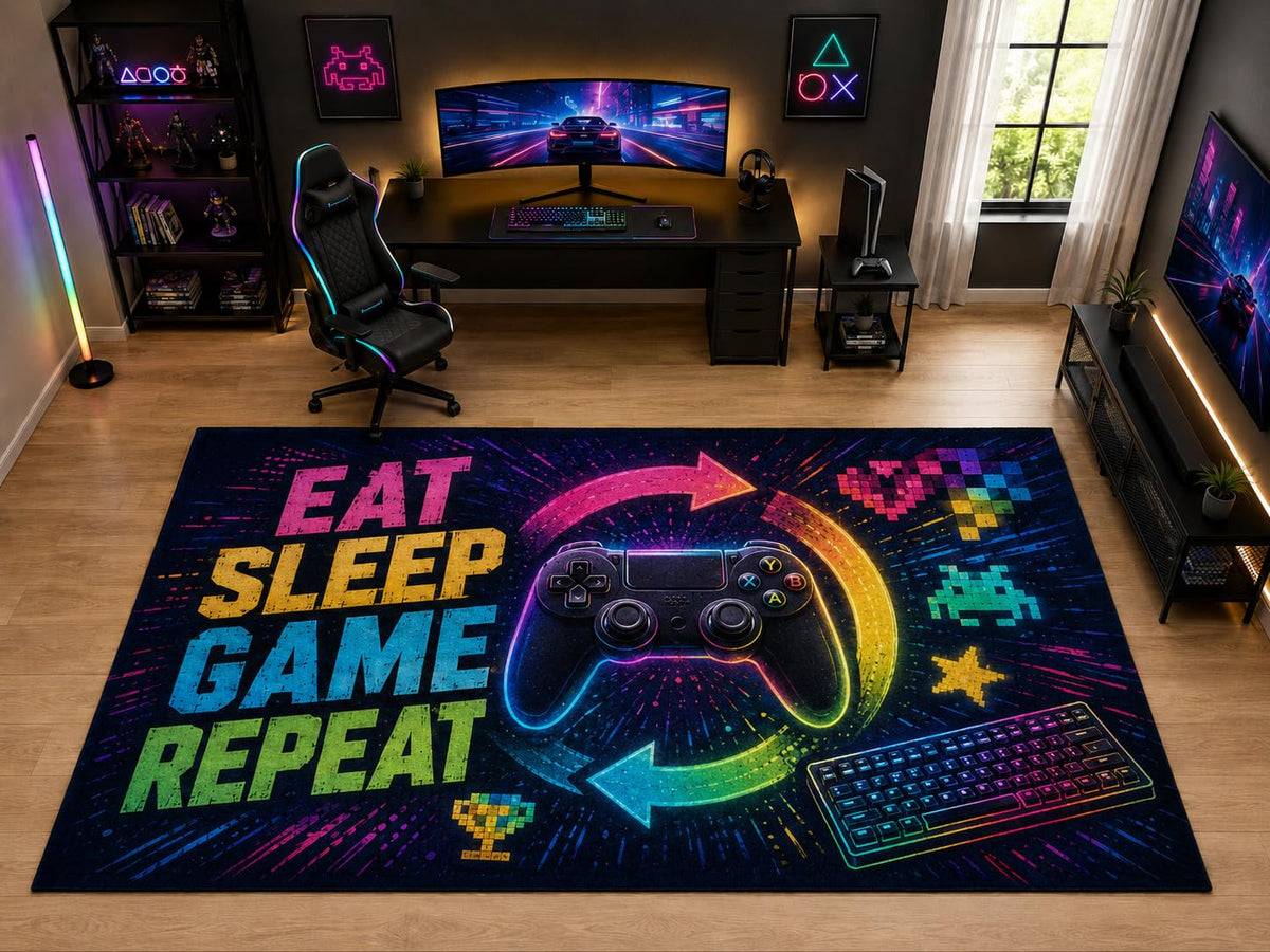 ICE ARMOR "Ultra Light Weight Large 6'7" x 9'10" Eat Sleep Game Repeat Controller Area Rug for Kids Room, Soft Low Pile Indoor Rug and Non-Slip Silicone Backing, Black