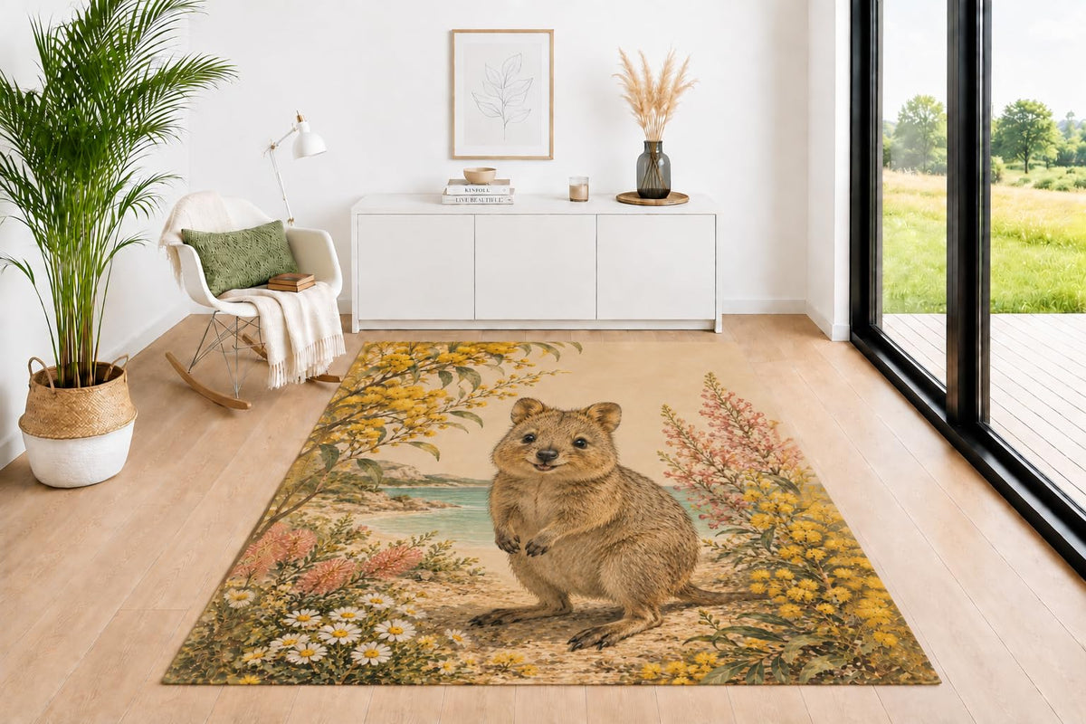 ICE ARMOR 5' x 7' Cute Quokka Area Rug for Living Room, Soft Low Pile Indoor Rug with Non-Slip Silicone Backing, Decorative Carpet for Bedroom, Office, Kids & Pets, Beige